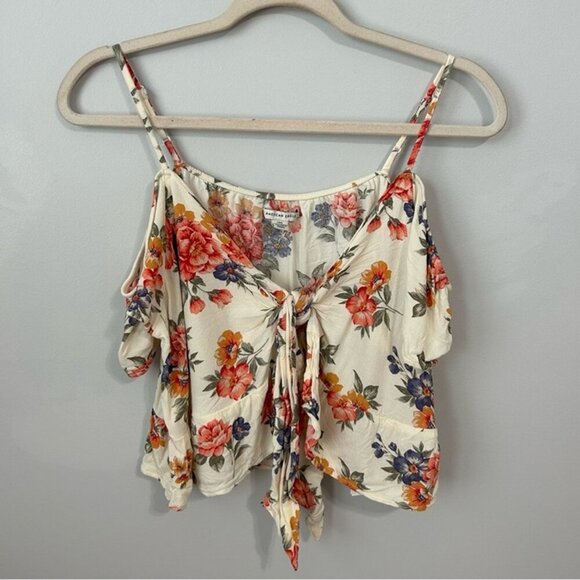 American Eagle Floral Ruffled Tie Front Crop Cold Shoulder Blouse Women’s Large - Picture 1 of 7